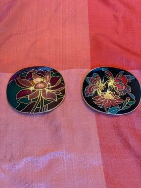 Set of Two Colorful Vintage Enameled Cloisonné Scarf Clips.